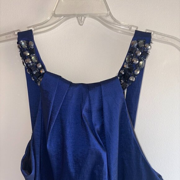 NWT NEW XSCAPE by Joanna Chen Blue Beaded Ruched Cocktail Halter Dress - size 12 - Picture 3 of 6